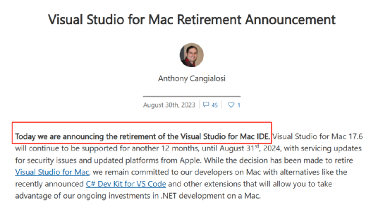 再见！微软官宣放弃Mac 版 Visual Studio IDE