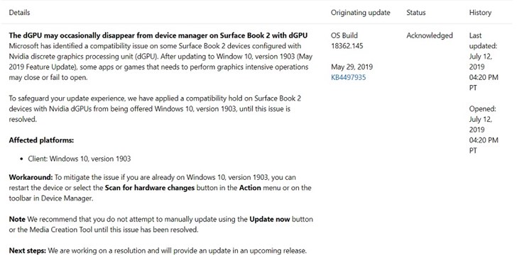 微软承认Windows 10 1903版本存dGPU Bug，Surface Book 2暂停推送更新