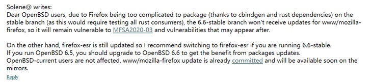 Firefox 打包太复杂，OpenBSD 稳定版拒收其更新