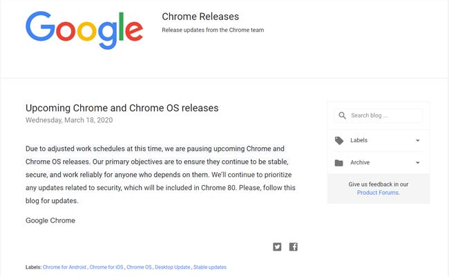 谷歌宣布暂停Chrome和Chrome OS的版本更新