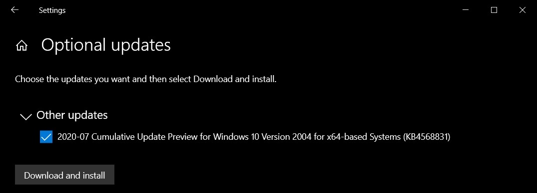 微软 Win10 版本 2004 Build 19041.423 推送（可选补丁）