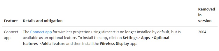 微软 Win10 版本 2004 Miracast 无线连接应用不再默认安装