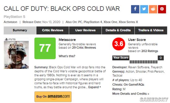 《使命召唤17》M站玩家评分惨烈 PS5版3.6分为最高