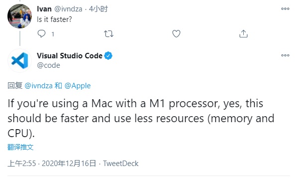 微软 Visual Studio Code 已原生支持苹果 M1 Mac，运行速度更快