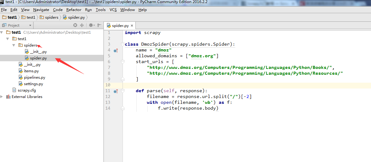pycharm下打开、执行并调试scrapy爬虫程序的方法