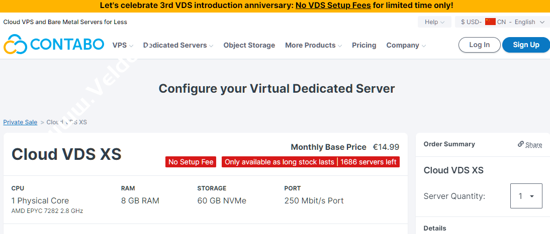 Contabo：限量特别版VDS促销，1 个AMD 霄龙 7282/8GB内存60GB NVMe存储，可选德国/英国/美国/日本/新加坡/澳大利亚等8机房，月付€14.99