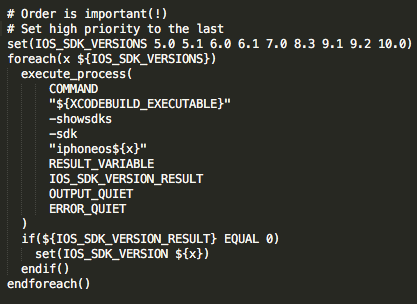 cmake ios终端下执行提示错误 iOS version not found, tested: [5.0;5.1;6.0;6.1;7.0;8.3]的解决方案