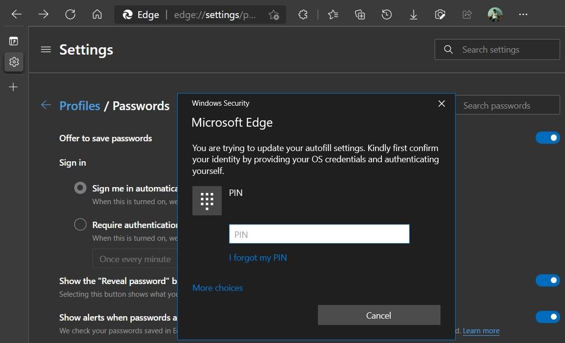 微软 Edge 浏览器 “自动填充密码”功能将支持 Windows Hello 验证