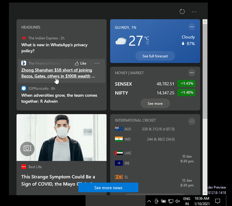 微软 Windows 10任务栏 “新闻和兴趣”功能将带至老版本
