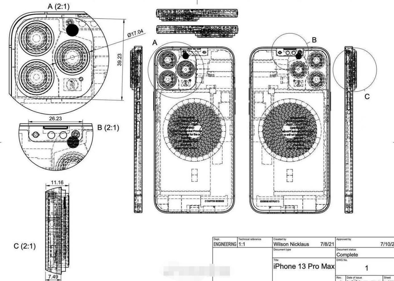 苹果 iPhone 13 Pro 原型机/13 Pro Max 图纸曝光：摄像头凸起明显，刘海更窄