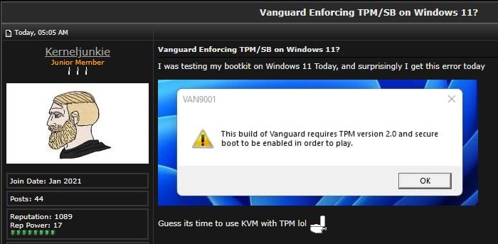 Valorant开始要求Windows 11玩家开启TPM与安全启动