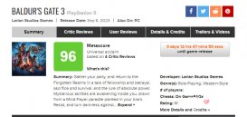 《博德之门3》PS5版媒体评分现已解锁 M站均分为96分