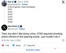 马斯克锐评《GTA6》 不想玩因为做不到开枪射向警察