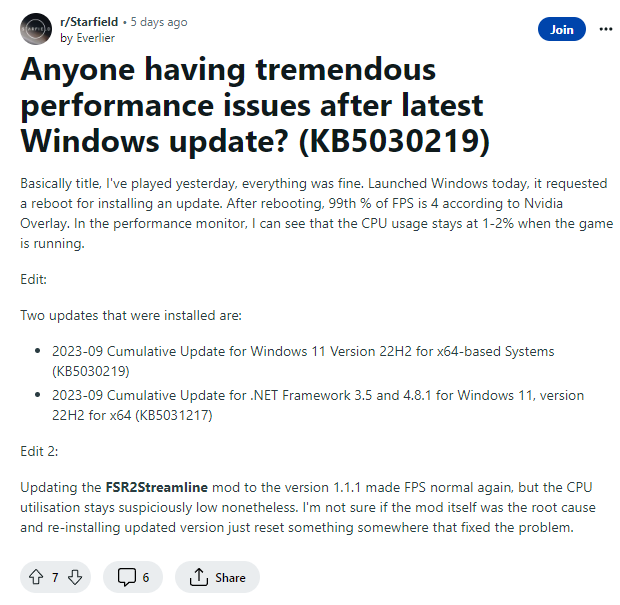 微软 Windows 11​​ KB5030219 更新致电脑出现性能问题，影响《星空》等游戏