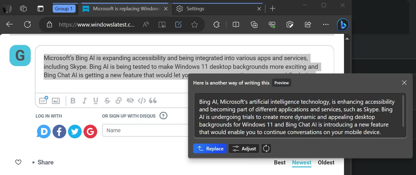 微软 Edge 浏览器测试 AI-writing 功能：帮你写博文、邮件等
