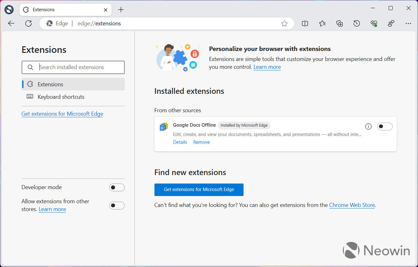 用户反映微软 Edge 浏览器未经允许强制安装 Google Docs Offline 扩展