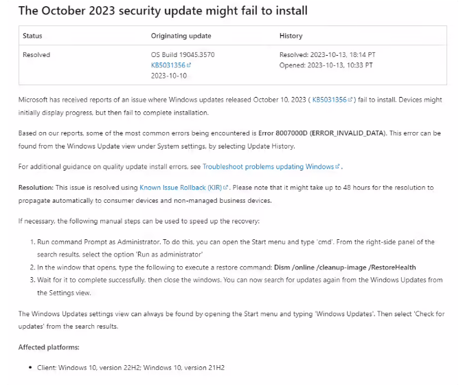 微软修复十月更新问题，导致部分 Windows 10 设备安装失败