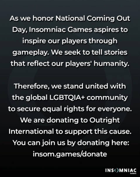 索尼第一方工作室Insomniac Games：支持国际出柜日，捐款支持LGBTQIA+平等权利