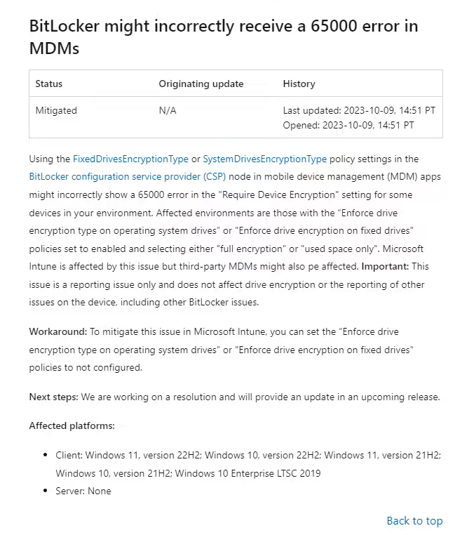 微软承认 Windows 11/10 存在“65000”BitLocker 加密问题，后续通过更新解决