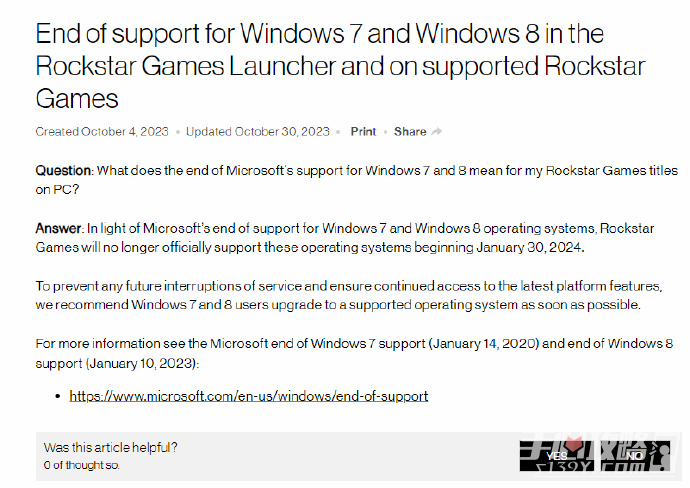 自2024年1月30起R星的游戏将不再支持Windows 7和Windows 8操作系统