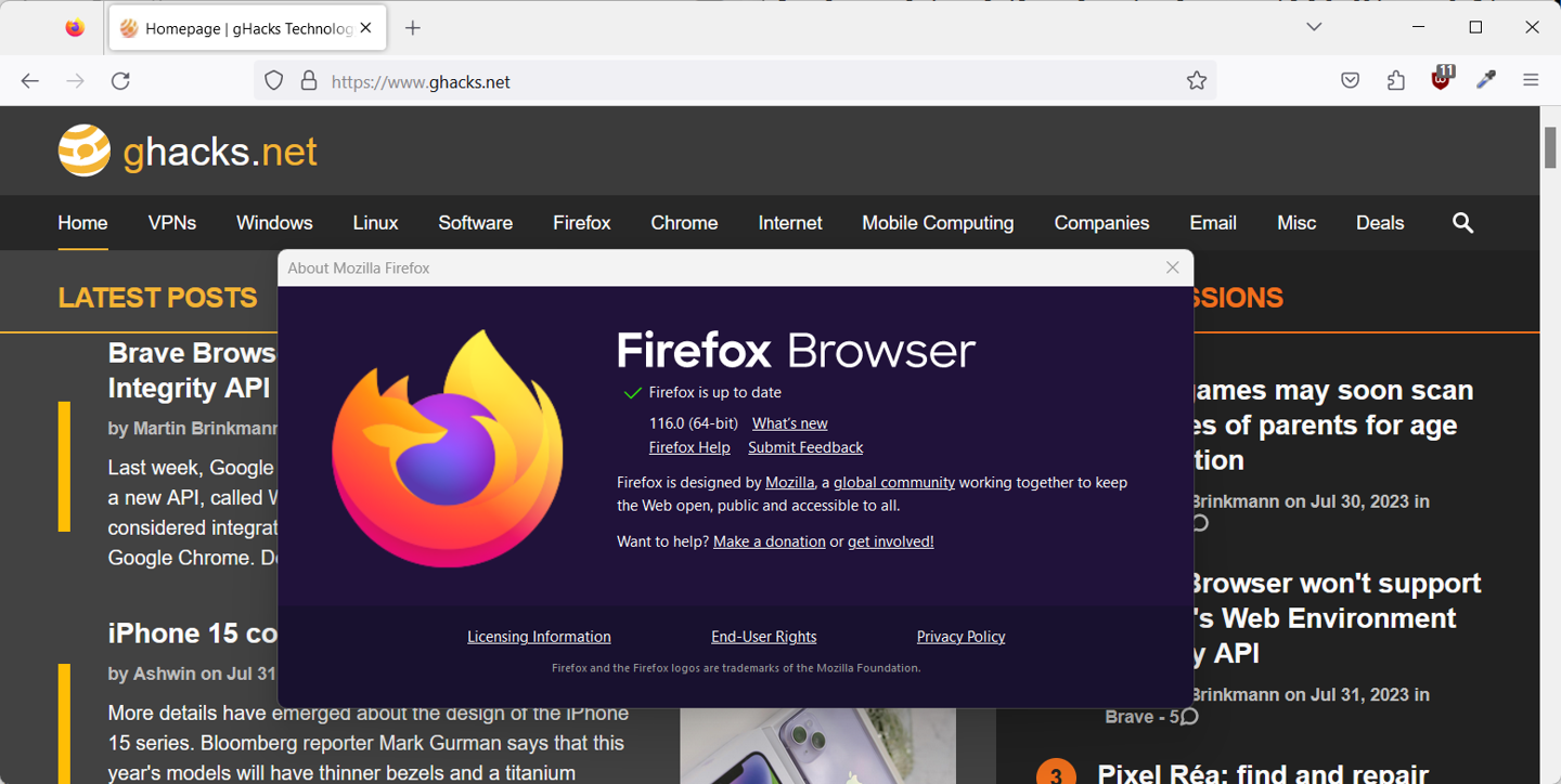 火狐浏览器 Firefox 116 稳定版发布：画中画可调整音量、不再支持 Windows 7 / Windows 8.1