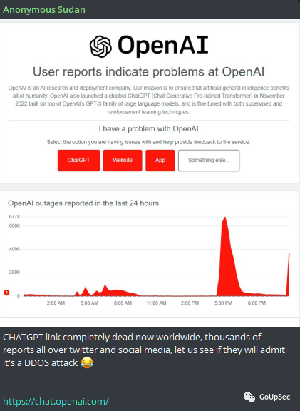 ChatGPT遭黑客组织DDoS攻击，大面积瘫痪