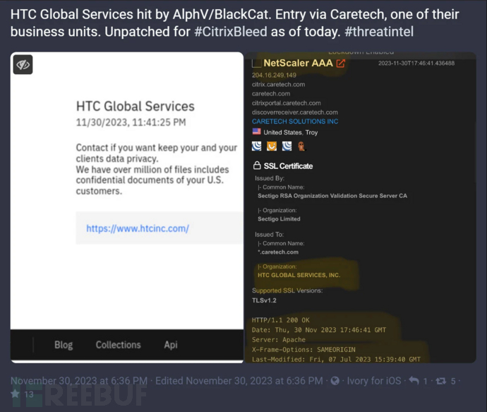 知名机构HTC Global 遭勒索攻击，泄露大量敏感信息