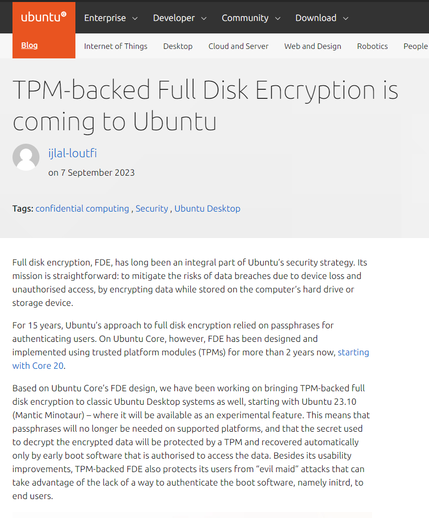 Ubuntu 23.10 将支持 TPM 全磁盘加密功能