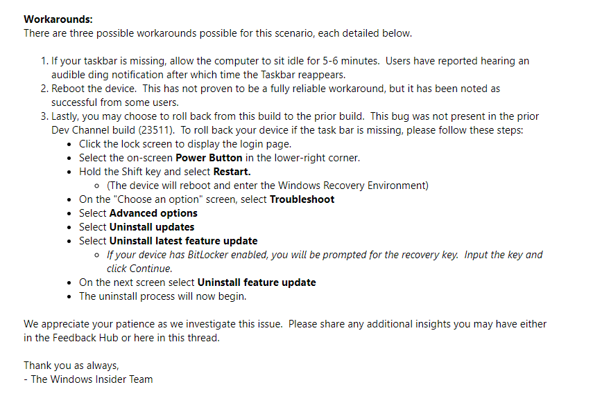 微软承认 Windows 11 Build 23516 任务栏存在 Bug，可尝试等待 5~6 分钟