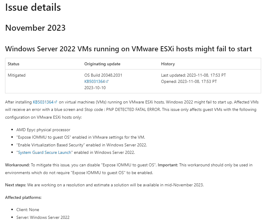 微软承认十月更新导致 Windows Server 2022 虚拟机开机蓝屏