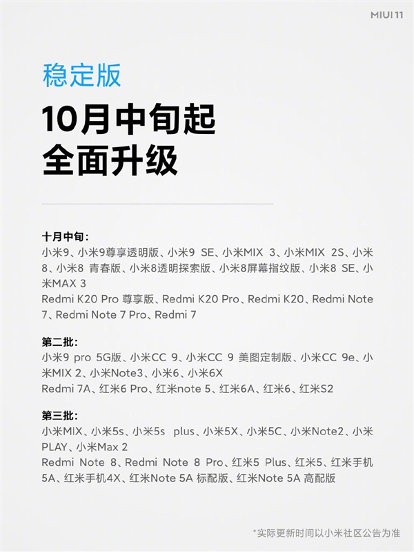 MIUI 11稳定版升级名单、时间公布：史上推送最快