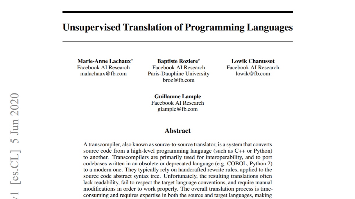 Facebook 发布神经编译器 TransCoder AI：可在 Java、Python、C++ 之间转换代码