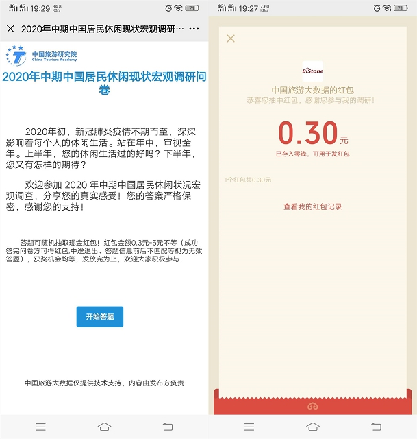 亲测中0.3 中国旅游学院完成调查问卷抽0.3-5元现金红包