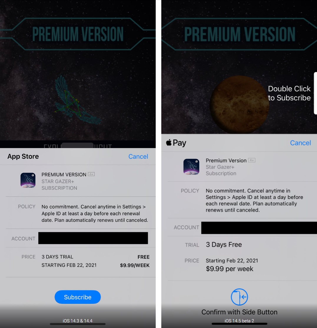 苹果 iOS14.5 Beta 2 更新订阅表格弹窗：价格和试用信息更清晰