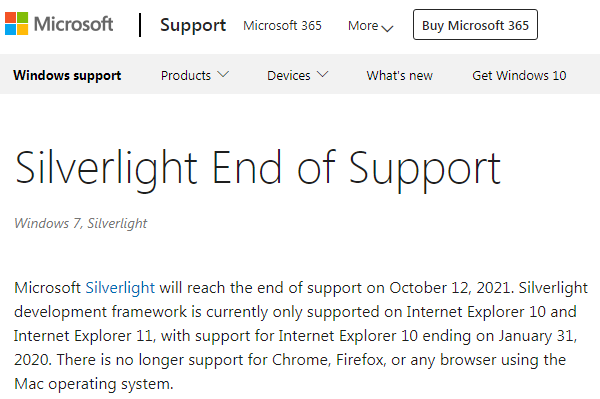 微软将于2021年10月12日终止对Silverlight的支持