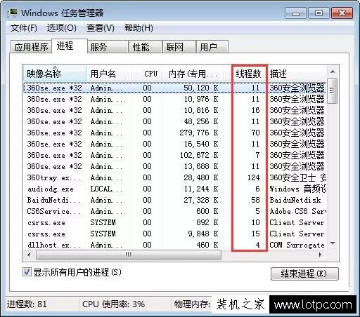 Win7系统在任务管理器中如何查看进程的线程数