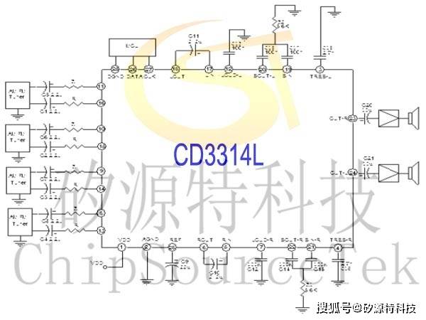 矽源特CD3314L是音量音调低音、高音平衡度左右和响度前后控制的音频处理电路